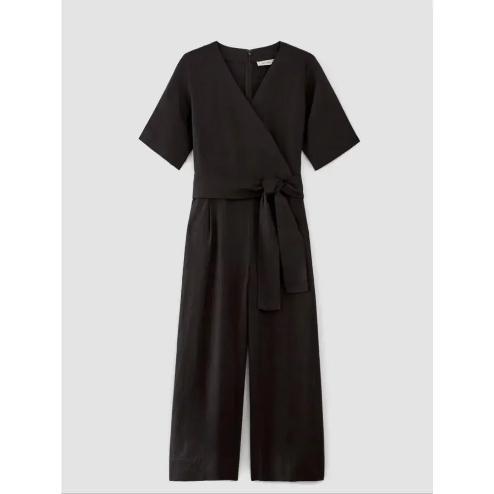 NEW Everlane The Wrap Linen Black Wrap-Front Wide-Leg Short Sleeve Jumpsuit 8